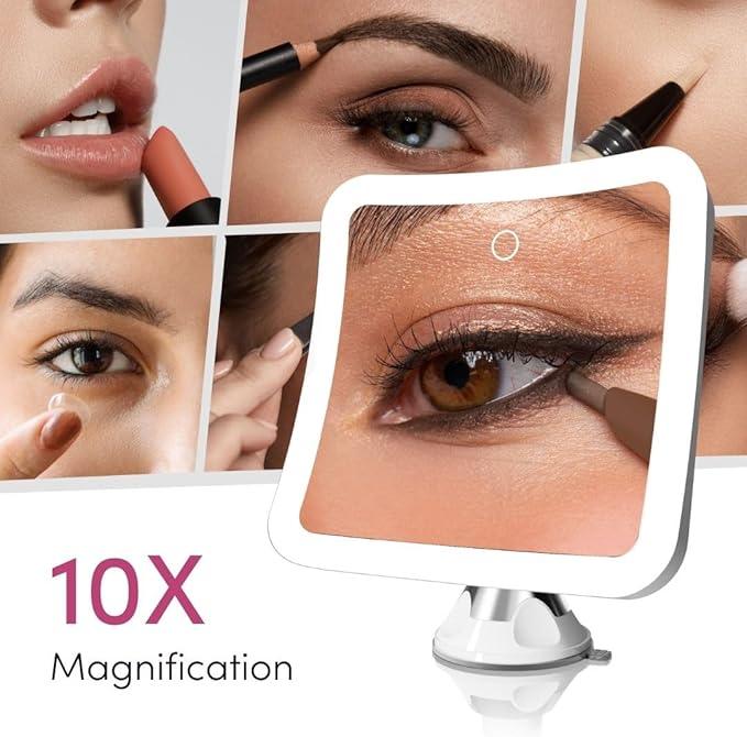 Fancii Rechargeable 10x Magnifying Mirror with 3 LED Light Settings, Dimmable Touch Light, Cordless, Locking Suction Mount, Lighted Mirror for Bathroom or Travel, Mira 2 (White) - ModernBath