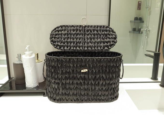 Black Toilet Paper Basket with Lid,Wicker Toilet Paper Storage Stand,Large Narrow Bathroom Towel Basket Mega Roll Container Bin for Toilet Tank,Floor - ModernBath
