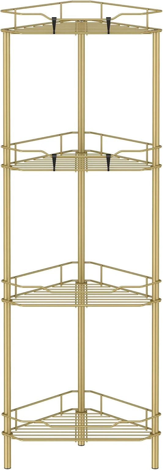 4 Tier Floor Standing Corner Shower Caddy Organizer Shelf with Hooks, Bathroom Shelves Stand Rack, Gold - ModernBath