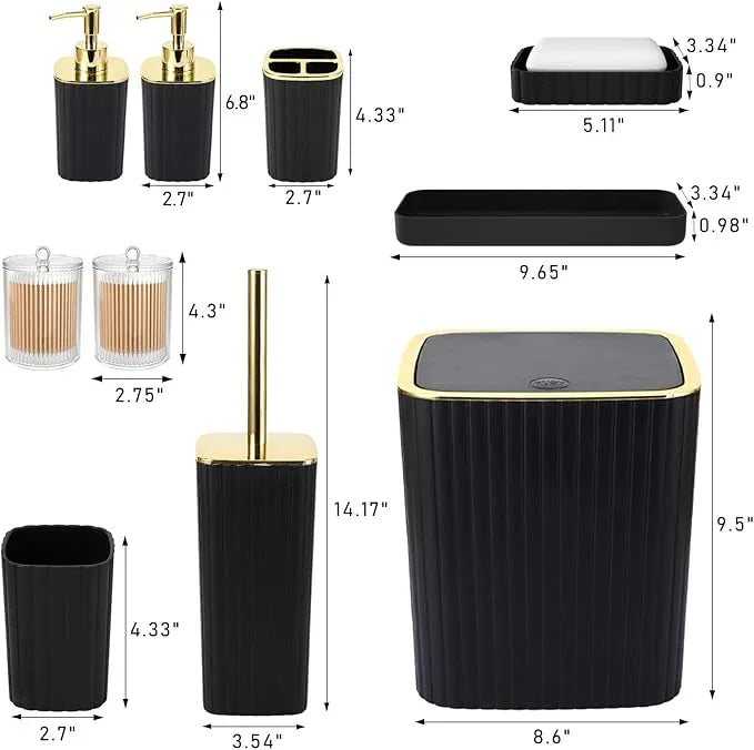 XLHOMO Bathroom Accessories Set - Gorgeous Black Bathroom Set, 10PC Bathroom Accessory Set, Toilet Brush, Trash Can, Qtip Holder Dispenser & Soap Dispenser - ModernBath