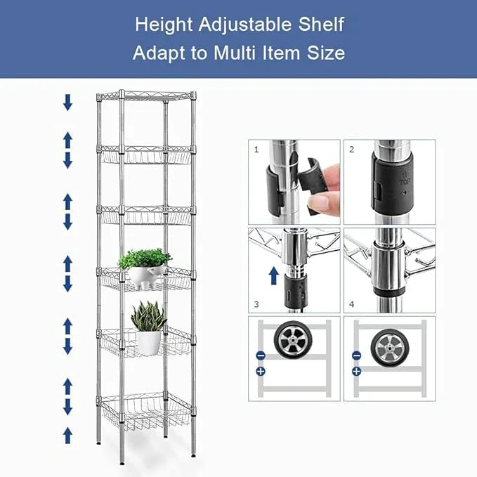 BNSPLY 6 Tier Wire Shelving Unit with Baskets Shelving, Height Adjustable Wire Shelves, Metal Storage Rack for Kitchen, Bathroom, Laundry Closet (13.5" D x 13.5" W x 63" H, Silver) - ModernBath