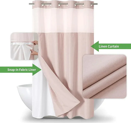 eachope Stall No Hooks Needed Linen Textured Shower Curtain with Snap-in Fabric Liner Set,Hotel Luxury Decor Farmhouse Shower Curtains for Bathroom,Waterproof & Washable,54Wx80H,Blush - ModernBath