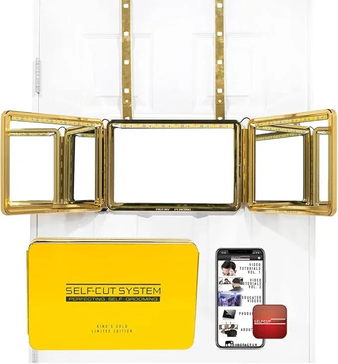 Self-Cut System Gold Plated 3 Way Mirror with Lights for Self Hair Cutting, Trifold Barber Mirror with Height Adjustable Hooks, 360 View, Includes Free Educational Mobile App (King’s Gold) - ModernBath