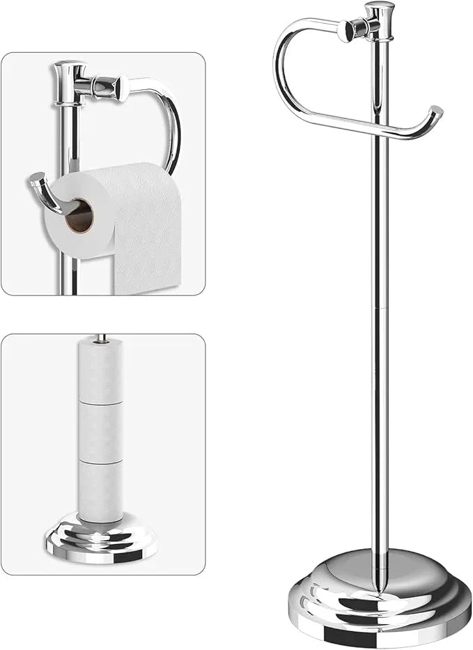 BESy Toilet Paper Holder Free Standing Bathroom Toilet Tissue Holder Stand for Floor Toilet Paper Roll Holder with Storage Hardware Accessories Rack Hand Towel Bar Polished Chrome Stainless Steel - ModernBath
