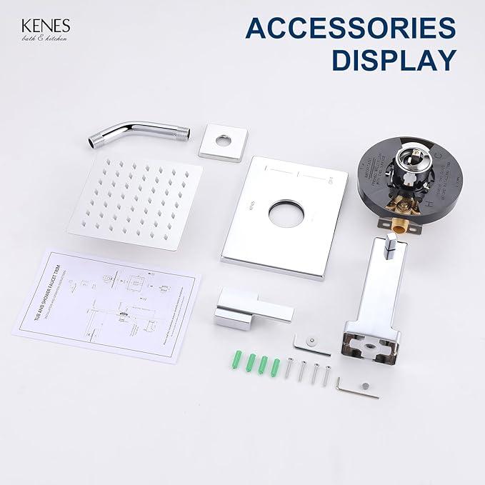 KENES Chrome Tub and Shower Trim Kit, Square Tub Shower Faucet Set Complete with 6-Inch Rainfall Shower Head and Tub Spout, KE-6025A-5 (Shower Valve Included) - ModernBath