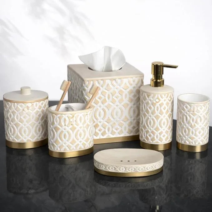 6-Piece Bathroom Accessories Set – Soap Dispenser, Toothbrush Holder, Tumbler, Soap Dish, Cotton Swab Jar & Toilet Brush – Modern Bathroom Decor Set (Solana) - ModernBath
