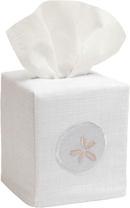 Jacaranda Living Square Tissue Box Cover, Linen/Cotton Fabric Tissue Holder, Decorative Cloth Tissue Cube Cover, Coastal Designs Sand Dollar (Cream) - ModernBath