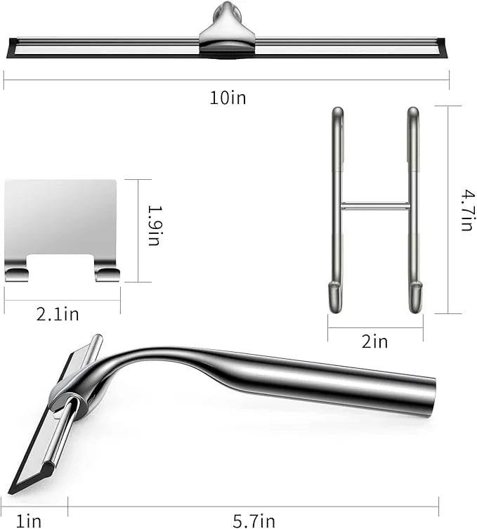 Stainless Steel Squeegee for Shower Glass Doors, 10-Inch All-Purpose Squeegee with Replacement Blade and Matching Hooks Holder, Silver - ModernBath