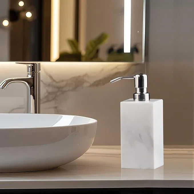 Hand Liquid&Lotion Soap Dispenser Pump Bottle Natural Marble for Kitchen Bathroom Countertop Laundry Room Holds Dish Soap Shampoo Laundry Liquid Shower Gel (Sir White) - ModernBath