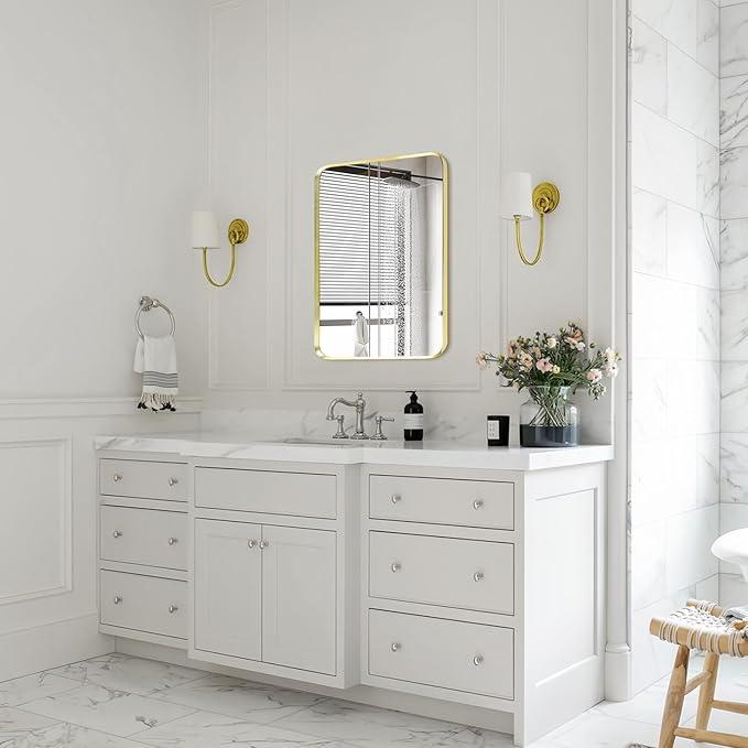 Minuover Wall Mount Mirror for Bathroom, Brushed Gold Metal Framed Rounded Corner Rectangular Vanity Mirror (18" x 24", Gold) - ModernBath