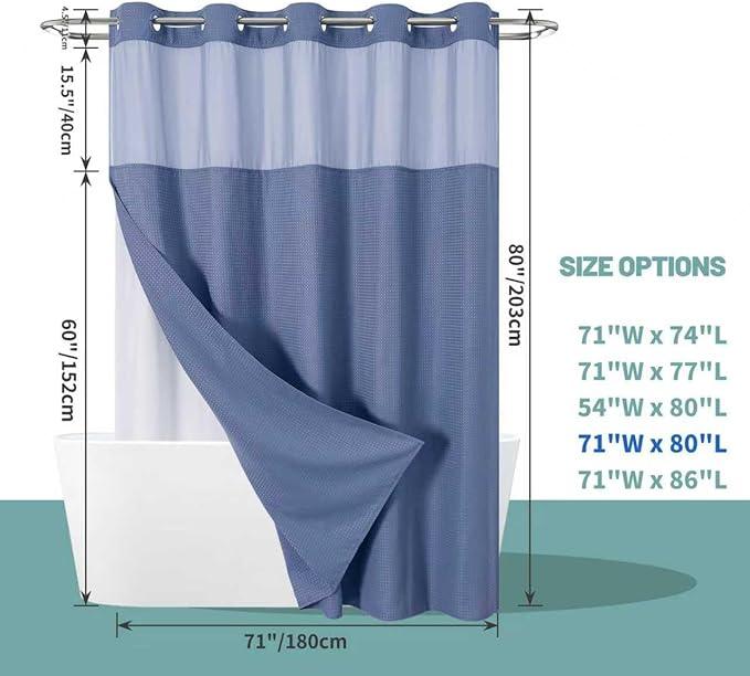 eachope MoonLightBlue Long No Hook Waffle Weave Shower Curtain with snap-in Liner Replacement, 230GSM Waterproof Fabric Hotel Shower Curtain Set for Bathroom, Through Mesh Top Window,71Wx80H - ModernBath