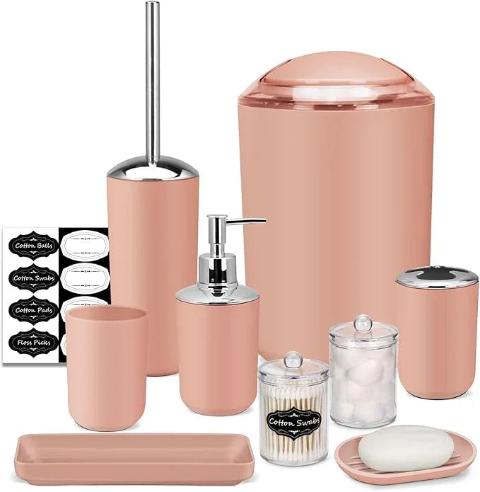 IMAVO Bathroom Accessories Set,Coral Pink Bathroom Set,9 Pieces Bathroom Accessory Set,Tray,Qtip Holders,Toilet Brush,Trash Can for Bathroom Décor and Home Gifts - ModernBath