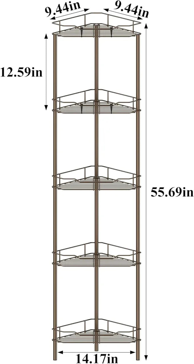 5 Tier Floor Standing Corner Shower Caddy Organizer Shelf with Hooks, Bathroom Shelves Stand Rack, Bronze - ModernBath