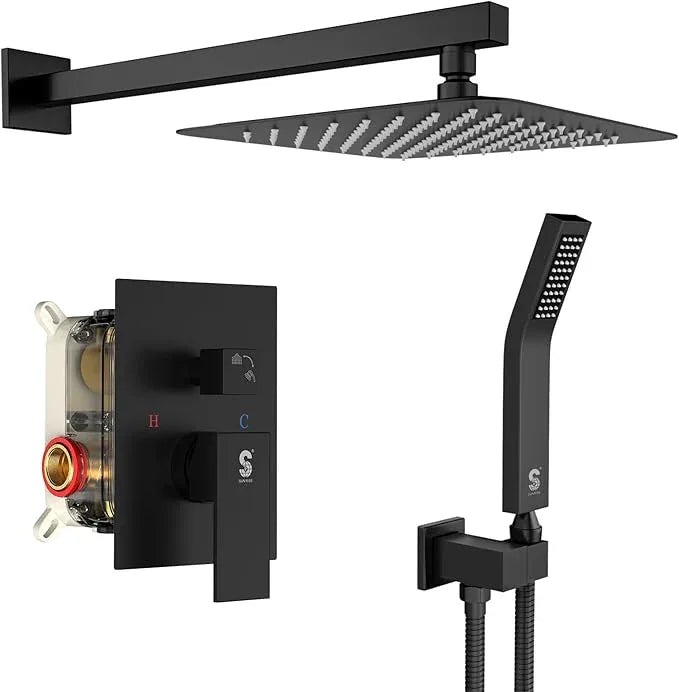 SR SUN RISE Black Square Rainfall Shower Head and Handle Set, Wall Mounted Shower Fixtures, Metal Shower Faucet Trim Repair Kits (With Shower Valve) - ModernBath