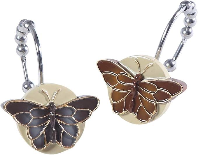 Rustproof Butterfly Shower Curtain Hooks, Vintage Brown Chocolate Bathroom Shower Curtain Hooks, 5 Roller Ring Balls Decorative Shower Hooks for Butterfly Floral Farmhouse Shower Curtain, Set of 12 - ModernBath
