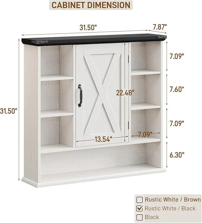 Bathroom Wall Cabinet, Farmhouse Medicine Cabinet with Adjustable Shelves and Barn Doors, Large Wall Mounted Over the Toilet Storage Cabinet for Bathroom, Laundry Room, Kitchen, Rustic White and Black - ModernBath