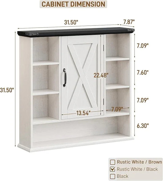 Bathroom Wall Cabinet, Farmhouse Medicine Cabinet with Adjustable Shelves and Barn Doors, Large Wall Mounted Over the Toilet Storage Cabinet for Bathroom, Laundry Room, Kitchen, Rustic White and Black - ModernBath