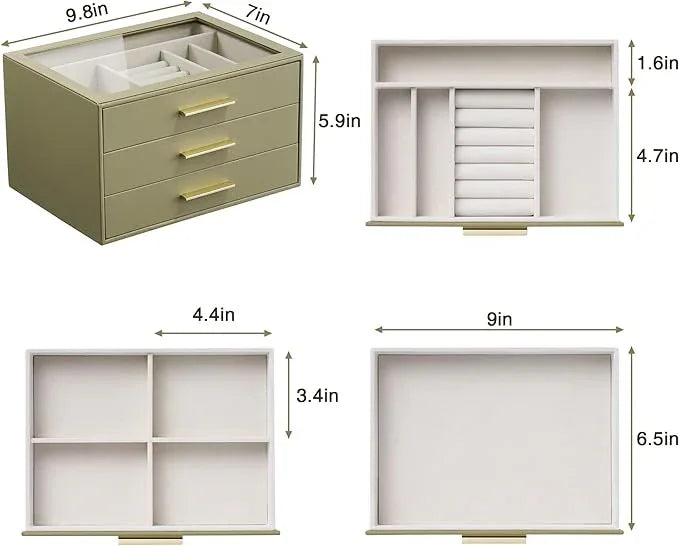 Jewelry Box Organizer Case for Women: 3-Layer Jewelry Storage Case with Glass Window, Olive Green Leather with Cream Velvet, Holder for Ring Necklace Bracelet Brooch Watch, Great Gift for Her - ModernBath