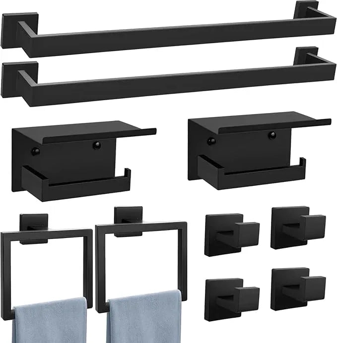 Matte Black Towel Bar Set 10-Pieces Bathroom Hardware Set,23.6 Inch Towel Bar Stainless Steel Wall-Mounted - ModernBath