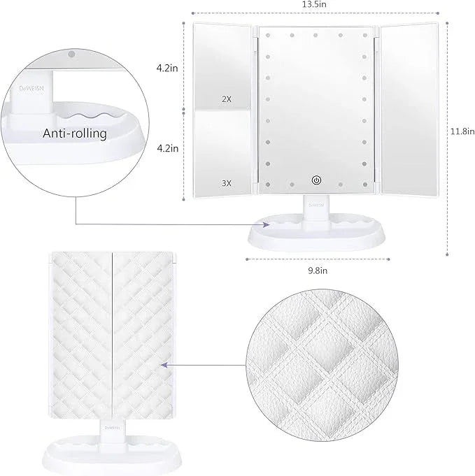 deweisn Trifold Lighted Vanity Makeup Mirror with 21 LEDs Lights,1x/2x/3x Magnification and Touch Screen Dimming,Two Power Supplies Makeup Mirror, Gift for Women - ModernBath