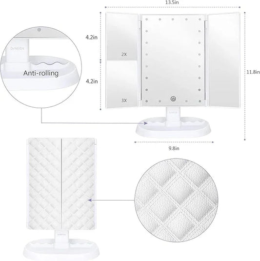 deweisn Trifold Lighted Vanity Makeup Mirror with 21 LEDs Lights,1x/2x/3x Magnification and Touch Screen Dimming,Two Power Supplies Makeup Mirror, Gift for Women - ModernBath