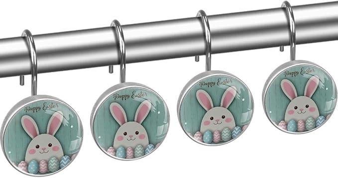Rural Teal and Easter Bunny Crystal Glass Shower Curtain Hooks for Bathroom Shower Rod, 12Pcs Round Home Decorative Shower Curtain Rings, Bathroom Bedroom Living Room Accessories - ModernBath