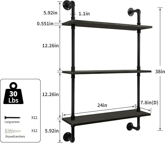 3-Tier Industrial Pipe Floating Shelf – Rustic 24 inch Wood Wall-Mounted Storage Shelf for Kitchen Office,Bathroom & Home Decor -Black - ModernBath