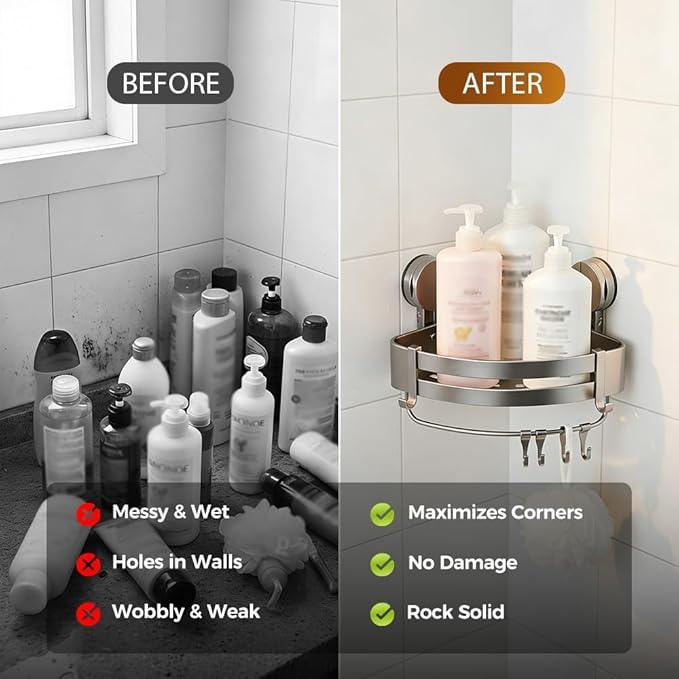 Suction Cup Shower Caddy, Shower Suction Shelf, Assembles without tools, Corner Shower Caddy for Shower Gel Shampoo Storage, Rustproof Stainless shower Organizer Corner for Bathroom (2PCS) - ModernBath