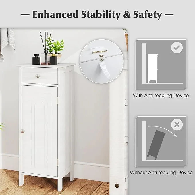 Tangkula Bathroom Floor Cabinet, Free-Standing Single Door Storage Cabinet with Drawer & 2 Adjustable Shelves, Wooden 14”L Narrow Side Storage Organizer for Small Spaces, Living Room, Kitchen (White) - ModernBath