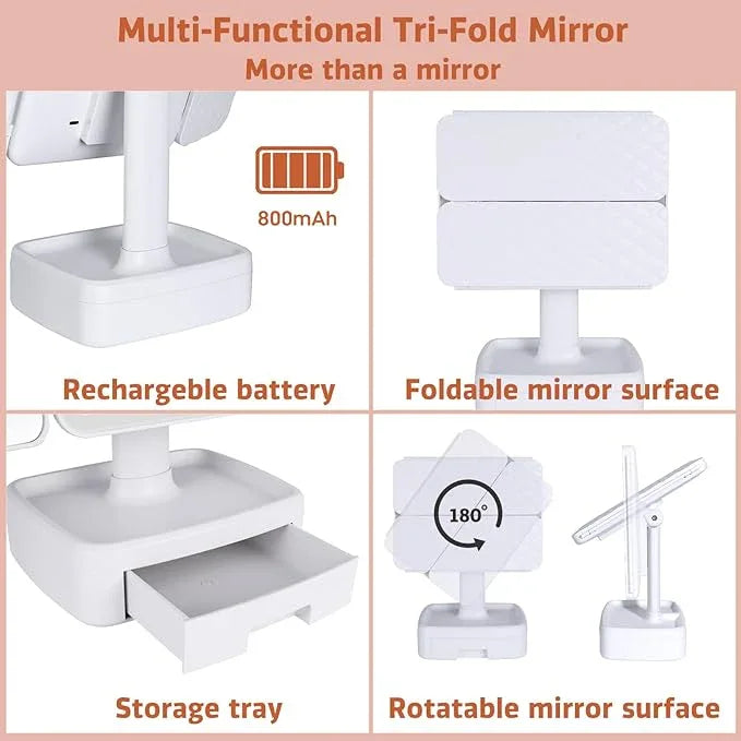 Makeup Vanity Mirror with Light, Triple Magnification (1X/2X/3X) with Storage, Touch Control and 3-Color dimming Lighting, Portable Travel Trifold Mirror，Gift for her - ModernBath