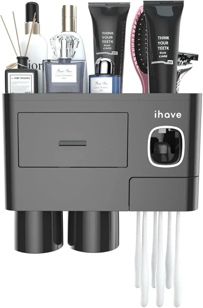 iHave Toothbrush Holders for Bathrooms, 2 Cups Toothbrush Holder Wall Mounted with Toothpaste Dispenser - Large Capacity Tray, Cosmetic Drawer - Tooth Brushing Holder & Bathroom Accessories - ModernBath