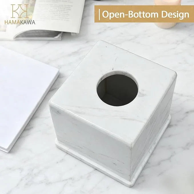 HAMAKAWA Natural Marble Tissue Box Cover, Volakas White Tissue Organizer 6 x 6 x 5.7 inch, Heavy Stone Decorative Box, Square Tissue Box Holder for Home Decor, Kitchen, Bathroom, Bedroom - ModernBath