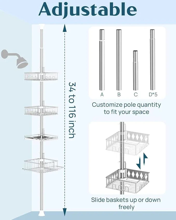 SElRIONE Corner Shower Caddy Tension Pole, Quick Setup, Rust-Free Bathroom Shower Organizer Corner for Bathtub Shampoo Storage, 4-Tier Adjustable Shelf, Drill Free, Fits 34 to 116 Inch Height - ModernBath