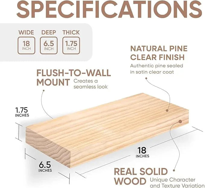 Homeforia 18 inch Natural Floating Shelf, High End Solid Real Wood 18inch Small Floating Shelves for Wall Mounted, Natural Wooden Floating Shelves, Heavy Duty Bracket, 18 X 6.5 X 1.75 in, Set of 3 - ModernBath