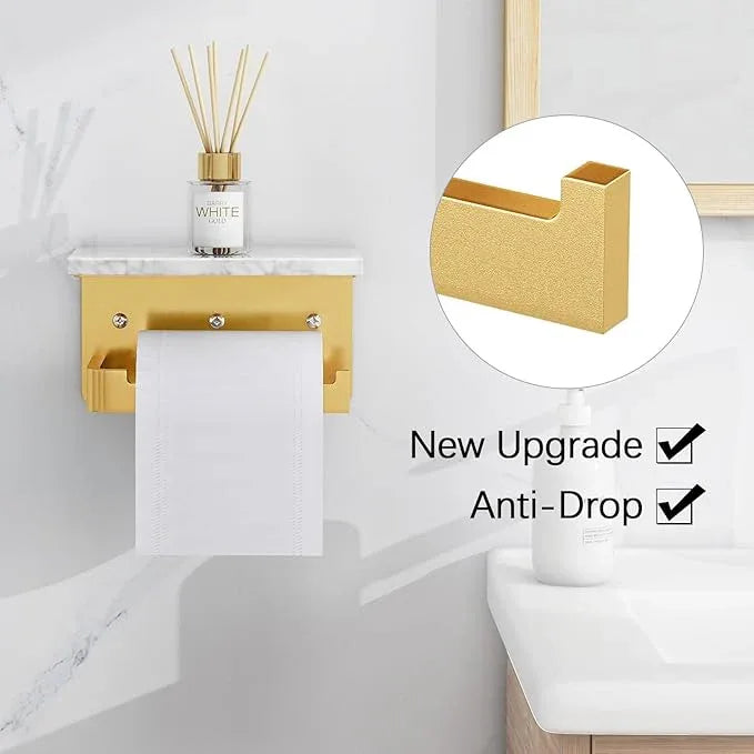 Toilet Paper Holder with Shelf, Extended Base Wall Mounted, Marble Toilet Roll Holder Black for Bathroom Washroom Gold - ModernBath