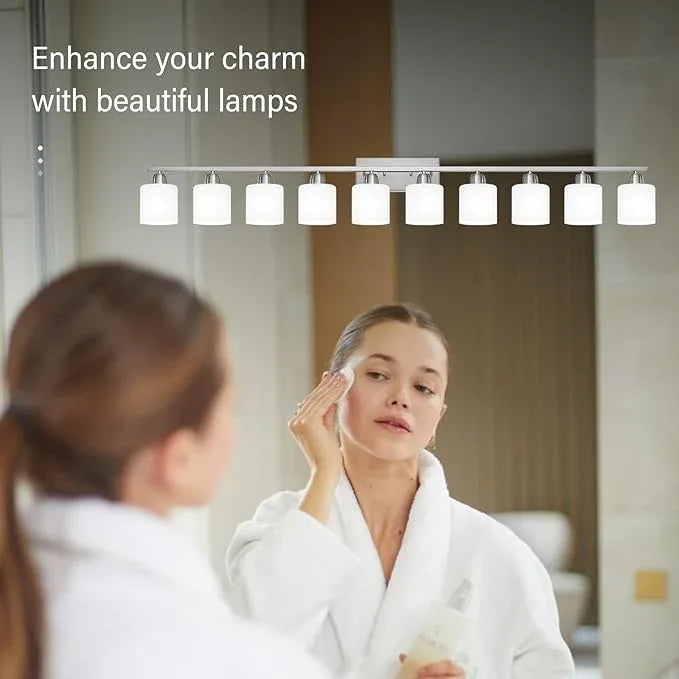 Brushed Nickel Bathroom Vanity Light for Giant Mirror, 10 Light Brushed Nickel Vanity Lights, 65 inch Wall Lamps for Bedroom for Mirrors with Milky White Frosted Glass Shades, E26 - ModernBath