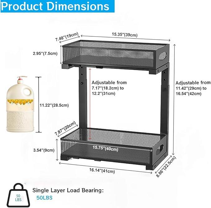 Under Sink Organizer, 2-Tier Pull Out Cabinet Organizer with Adjustable Height, Use in Kitchen Bathroom Cabinet and Countertop Storage, Black, 2-Pack - ModernBath