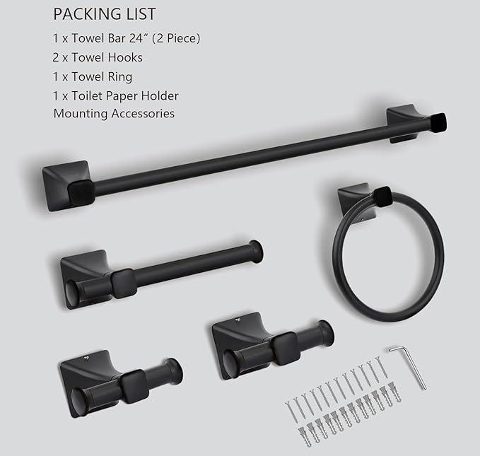 5 Piece Bathroom Hardware Accessories Set, SUS304 Stainless Steel Bath Towel Bar Set, 24 Inch Towel Racks for Bathroom Wall Mounted, Bath Towel Holder Set, Matte Black - ModernBath