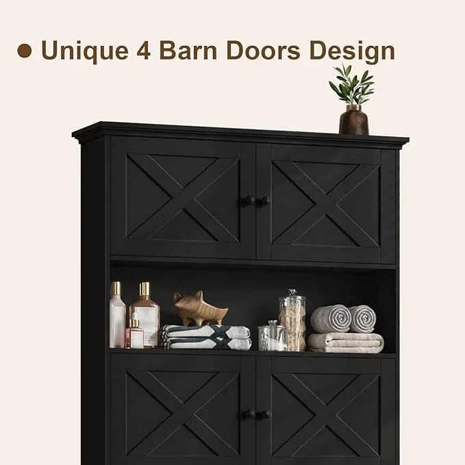 Over The Toilet Storage Cabinet, Farmhouse Storage Cabinet Over Toilet with 4 Barn Doors & Toilet Paper Holder Stand, Black Toilet Shelf Home Space Saver for Restroom, Bathroom, Laundry - ModernBath