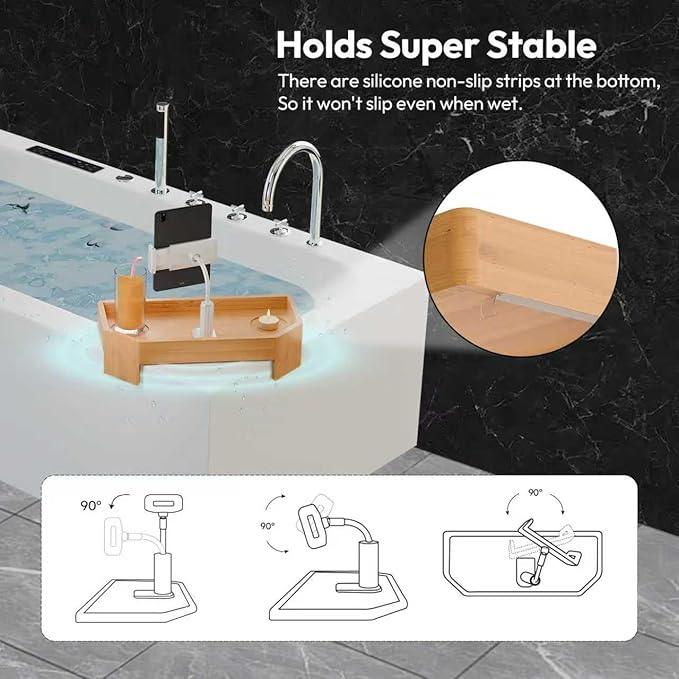 POOLCOMFT Bamboo Hot Tub Tray with Adjustable Phone Holder, Non-Slip Bath Table Tray with Card & Scented Candle - Spa Gift Set for Hot Tub Owners, Women, Parents - Unique Valentines Birthday Gift Idea - ModernBath