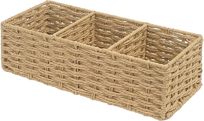 Seagrass Wicker Basket for Toilet Tank Top, 3-Compartment Handwoven Bathroom Organizer for Toilet Paper, Pads, and Accessories (1, Natural (Seagrass)) - ModernBath