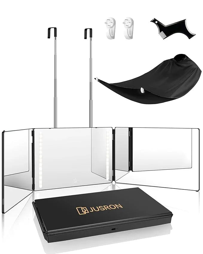 JUSRON 360 Viewing Angle Self Hair Cutting Mirror, Clear Anti-Fog HD Glass (Black with LED with Accessories) - ModernBath