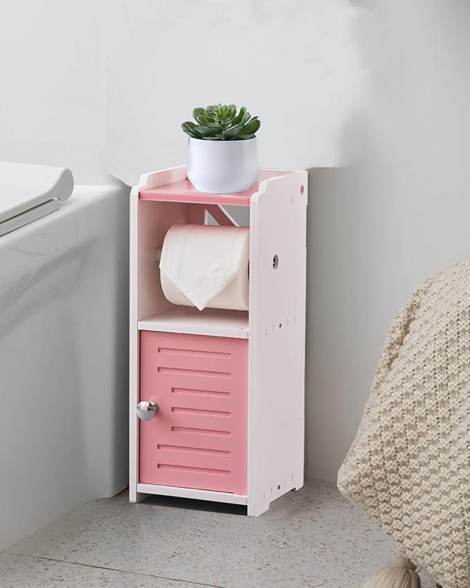 AOJEZOR Toilet Paper Holder Stand: PVC Freestanding Cabinet Storage for Small Bathroom Spaces for Homes and Renters-Jelly Pink - ModernBath