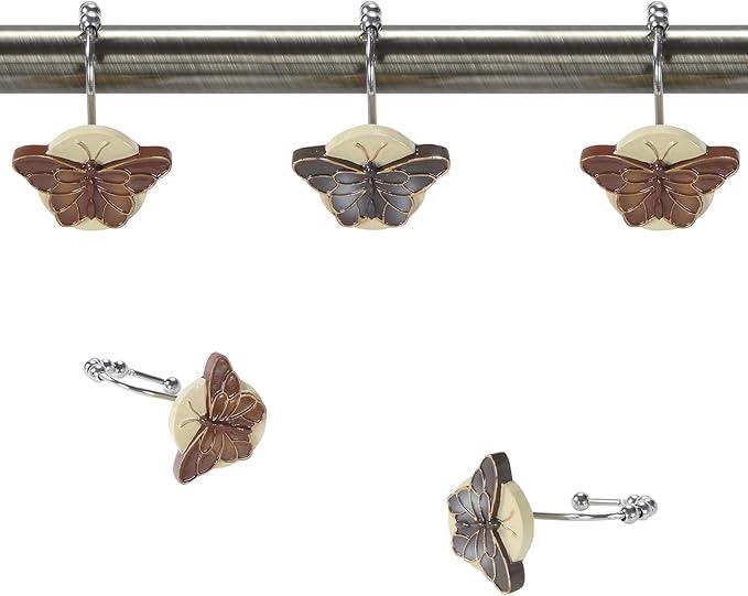 Rustproof Butterfly Shower Curtain Hooks, Vintage Brown Chocolate Bathroom Shower Curtain Hooks, 5 Roller Ring Balls Decorative Shower Hooks for Butterfly Floral Farmhouse Shower Curtain, Set of 12 - ModernBath