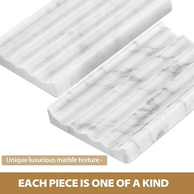 2PCS Koville Italian Natural Marble Soap Dish for Shower, Stone Soap Tray for Bathroom, Bar Soap Holder for Sink, Stripe Grooves Saver Keep Bars Dry Easy Clean (Bianco Carrara) - ModernBath