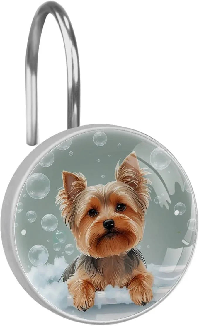 Bathing Dog and Bubbles Shower Curtain Hooks 12Pcs, Decorative Rust Resistant Shower Rings for Shower Curtain Rods, Stainless Steel Round Curtain Hooks for Bathroom, Bedroom, Farmhouse - ModernBath