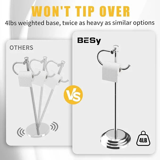 BESy Toilet Paper Holder Free Standing Bathroom Toilet Tissue Holder Stand for Floor Toilet Paper Roll Holder with Storage Hardware Accessories Rack Hand Towel Bar Polished Chrome Stainless Steel - ModernBath