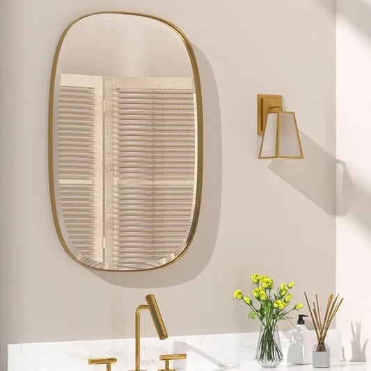 POZINO Brushed Gold Mirror, 20"x30" Brass Beveled Mirrors for Bathroom, Rounded Rectangle Mirror, Modern Vanity Wall Mirrors in Premium Stainless Steel Frame Hangs Horizontal Or Vertical - ModernBath
