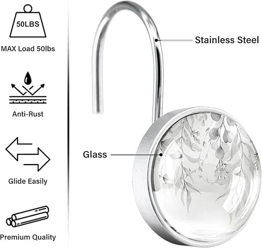 12 Pcs Round Grey Eucalyptus Decorative Shower Curtain Hooks - Rust Proof Glass Surface Stainless Steel Rings for Farmhouse Bathroom - ModernBath