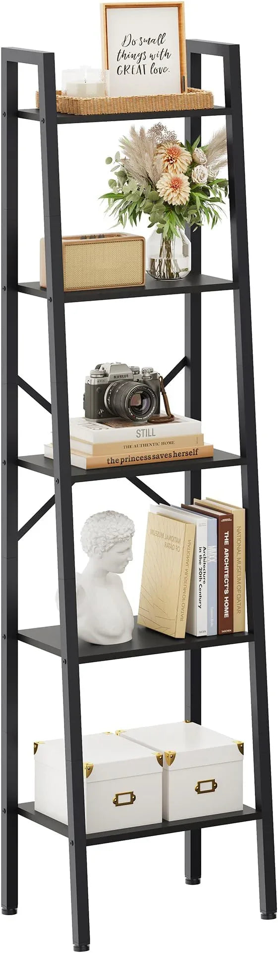 Hoctieon 5-Tier Industrial Ladder Bookshelf, Narrow Ladder Shelf, Tall Standing Bookshelf, Skinny Open Ladder Shelf, for Living Room, Home Office, Kitchen, Bedroom, Metal Frame, Black - ModernBath